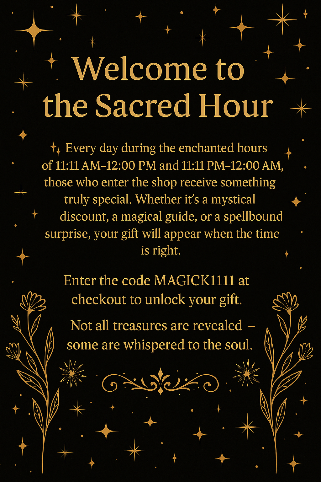 Mystical Sacred Hour scroll with golden sparkles and celestial glow, symbolizing magical gifts and hidden wisdom during enchanted times.